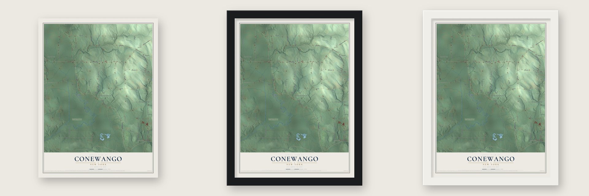 Conewango, New York map unframed, in a black wood frame and in a white wood frame
