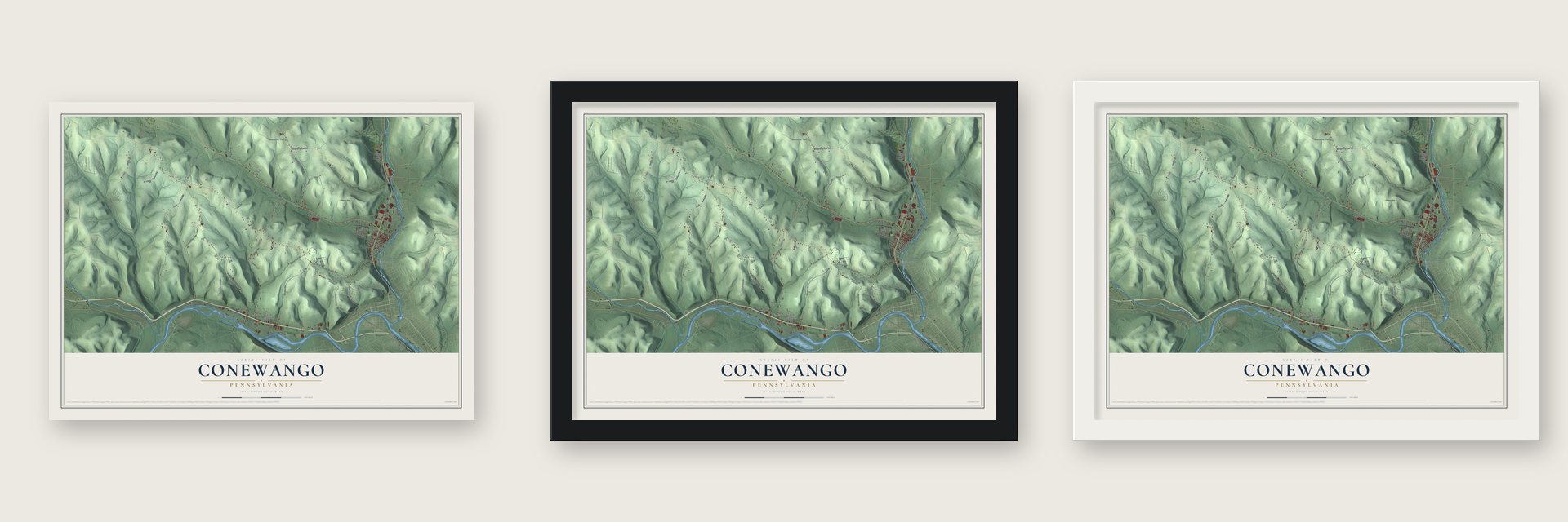 Conewango, Pennsylvania map unframed, in a black wood frame and in a white wood frame