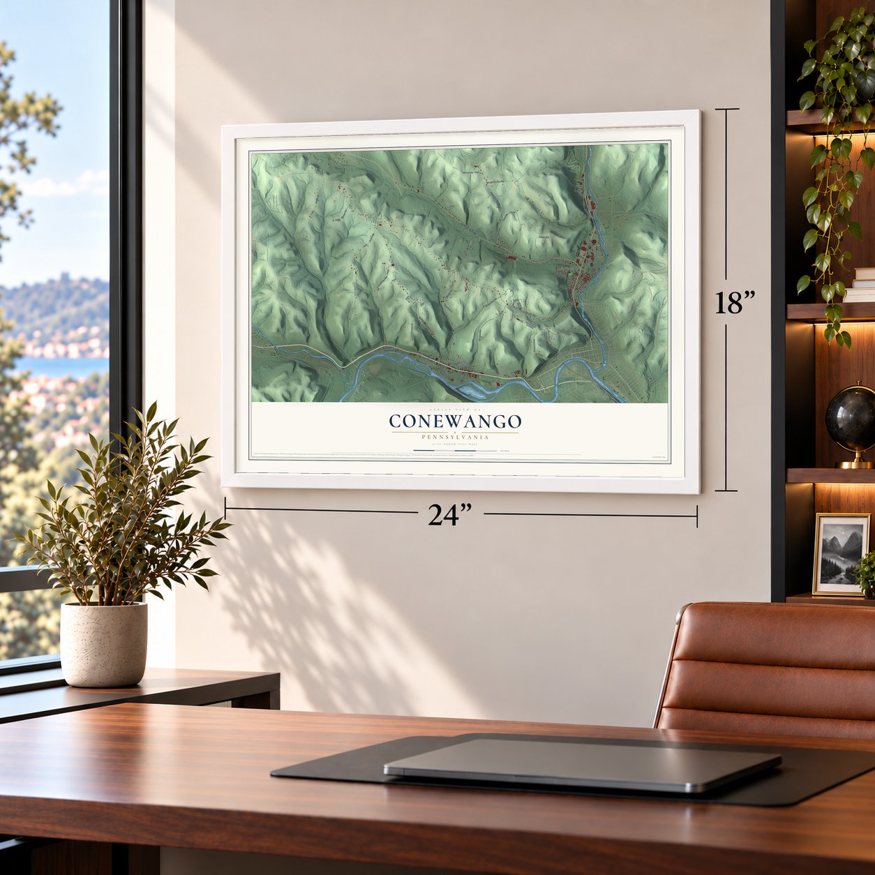 Conewango, Pennsylvania map, 18 x 24 inch print in a white frame in a home office