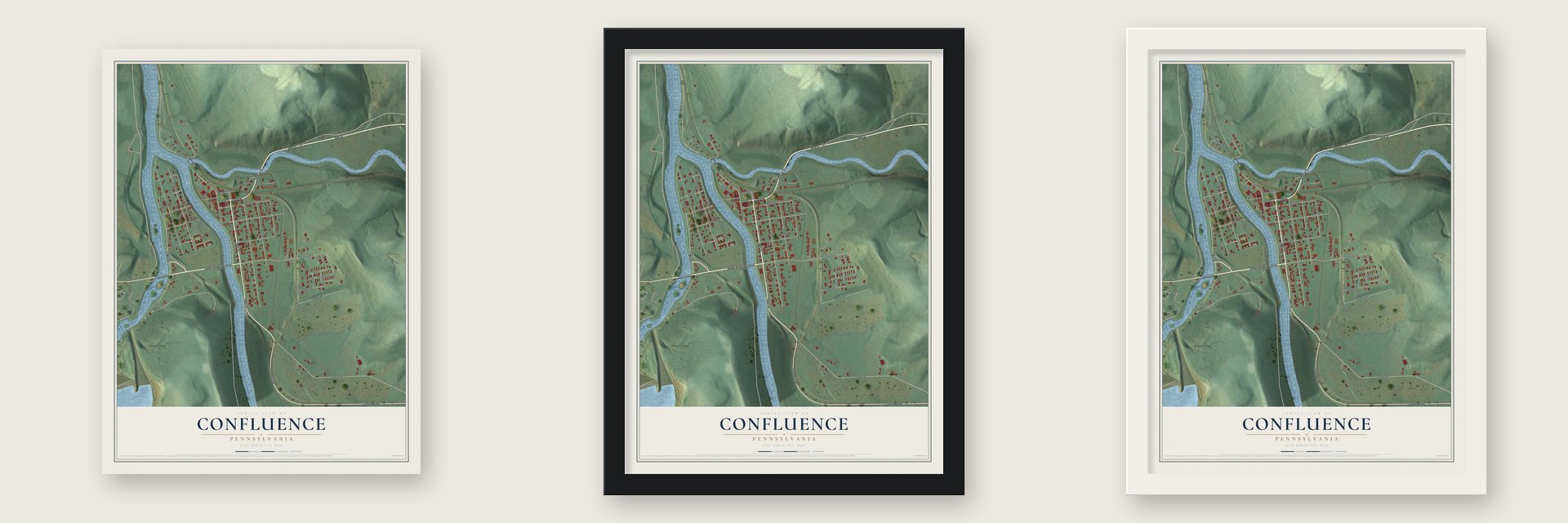 Confluence, Pennsylvania map unframed, in a black wood frame and in a white wood frame