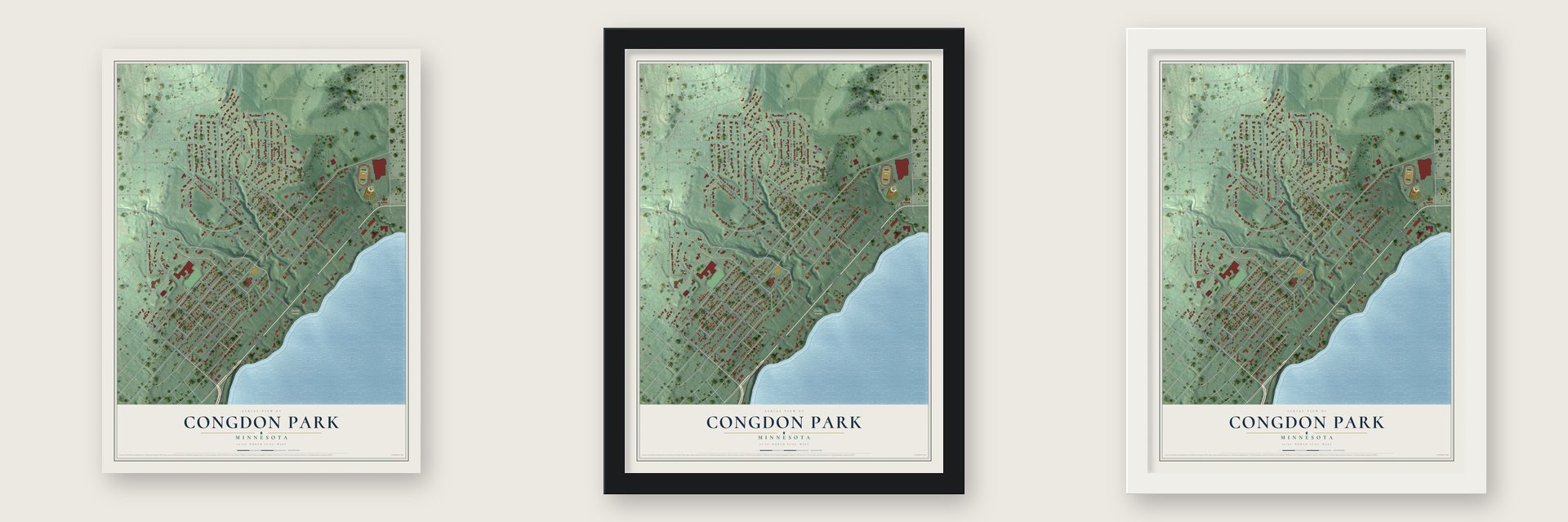 Congdon Park, Minnesota map unframed, in a black wood frame and in a white wood frame