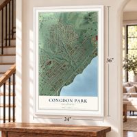 Congdon Park, Minnesota map, 24 x 36 inch print in a white frame by a staircase