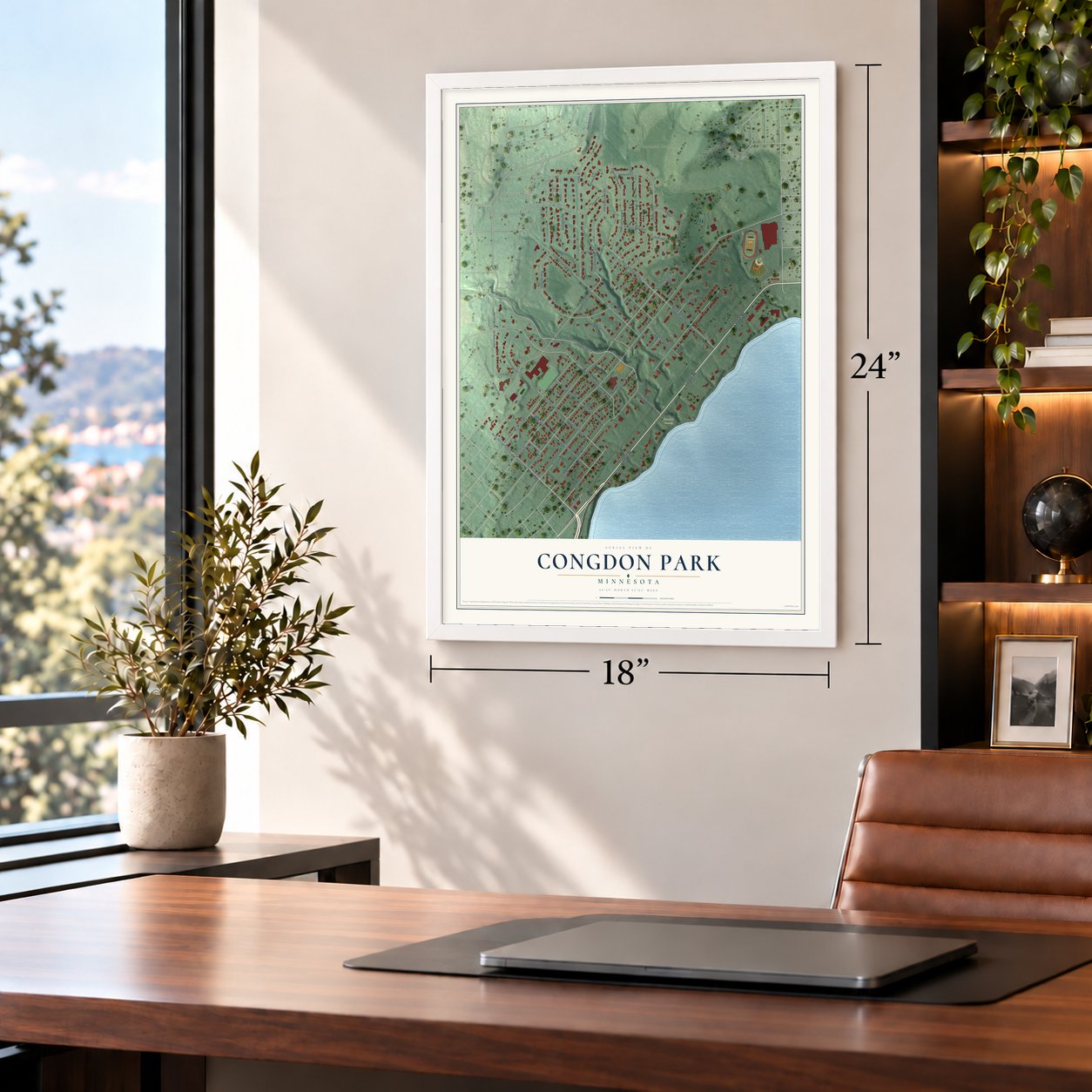 Congdon Park, Minnesota map, 18 x 24 inch print in a white frame in a home office