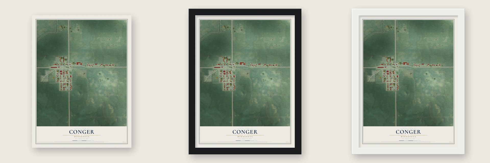 Conger, Minnesota map unframed, in a black wood frame and in a white wood frame