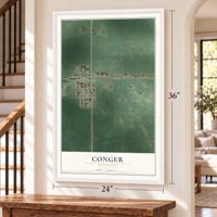 Conger, Minnesota map, 24 x 36 inch print in a white frame by a staircase