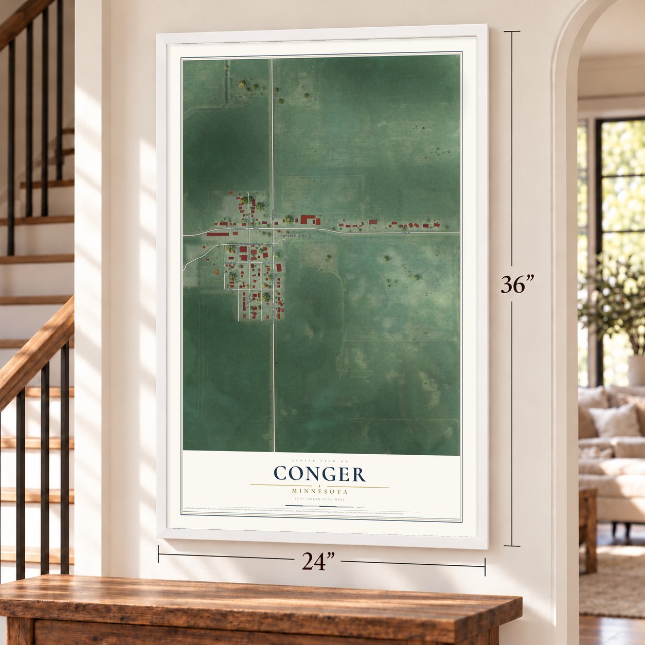 Conger, Minnesota map, 24 x 36 inch print in a white frame by a staircase