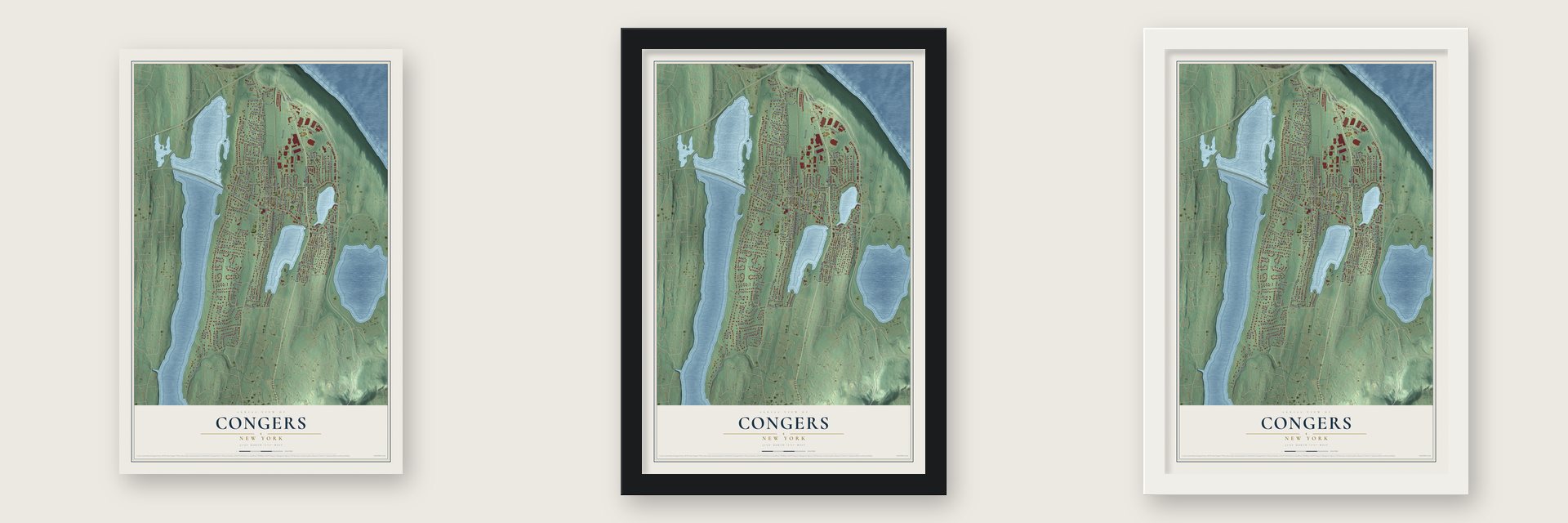 Congers, New York map unframed, in a black wood frame and in a white wood frame