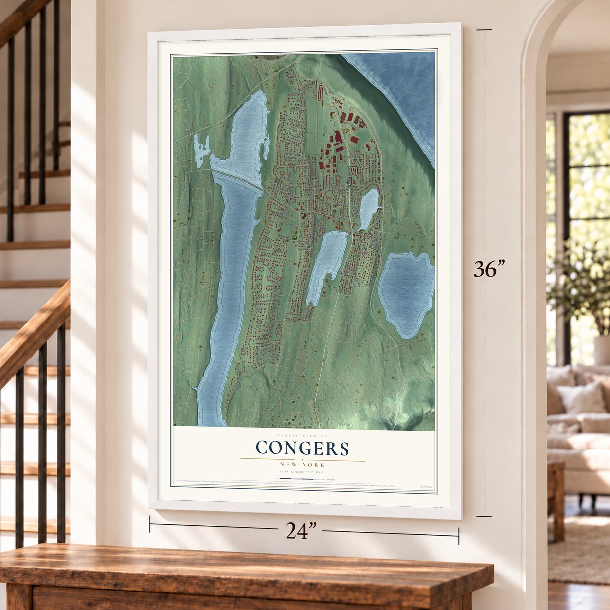 Congers, New York map, 24 x 36 inch print in a white frame by a staircase