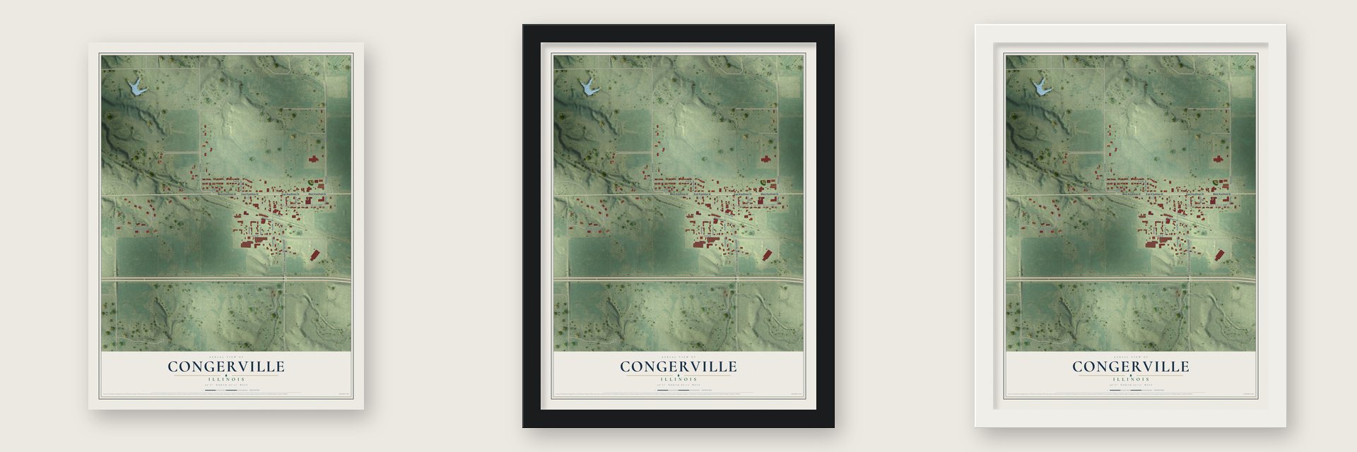 Congerville, Illinois map unframed, in a black wood frame and in a white wood frame