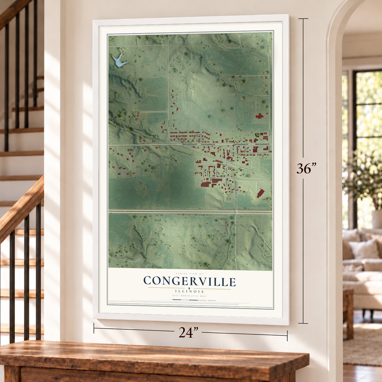 Congerville, Illinois map, 24 x 36 inch print in a white frame by a staircase