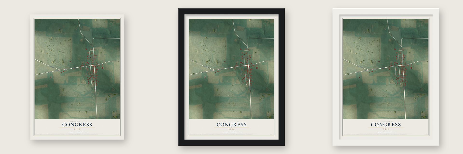 Congress, Ohio map unframed, in a black wood frame and in a white wood frame