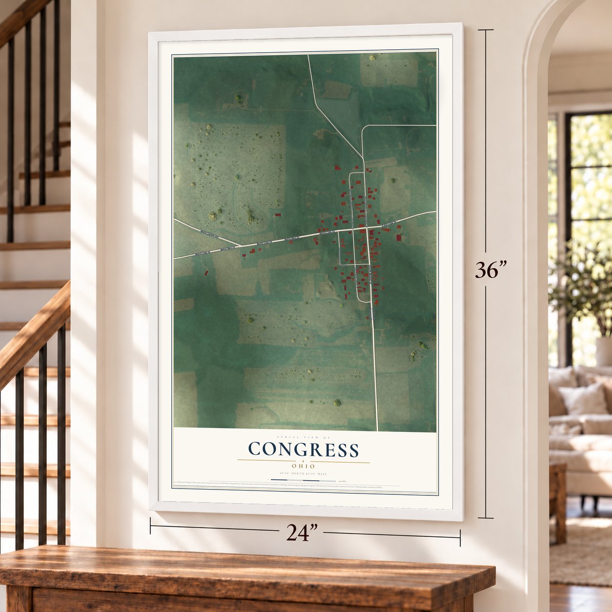 Congress, Ohio map, 24 x 36 inch print in a white frame by a staircase