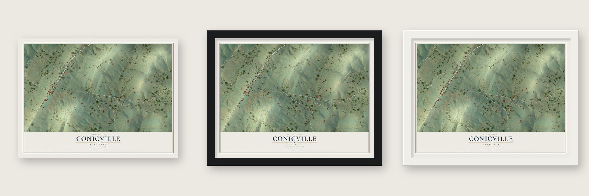 Conicville, Virginia map unframed, in a black wood frame and in a white wood frame