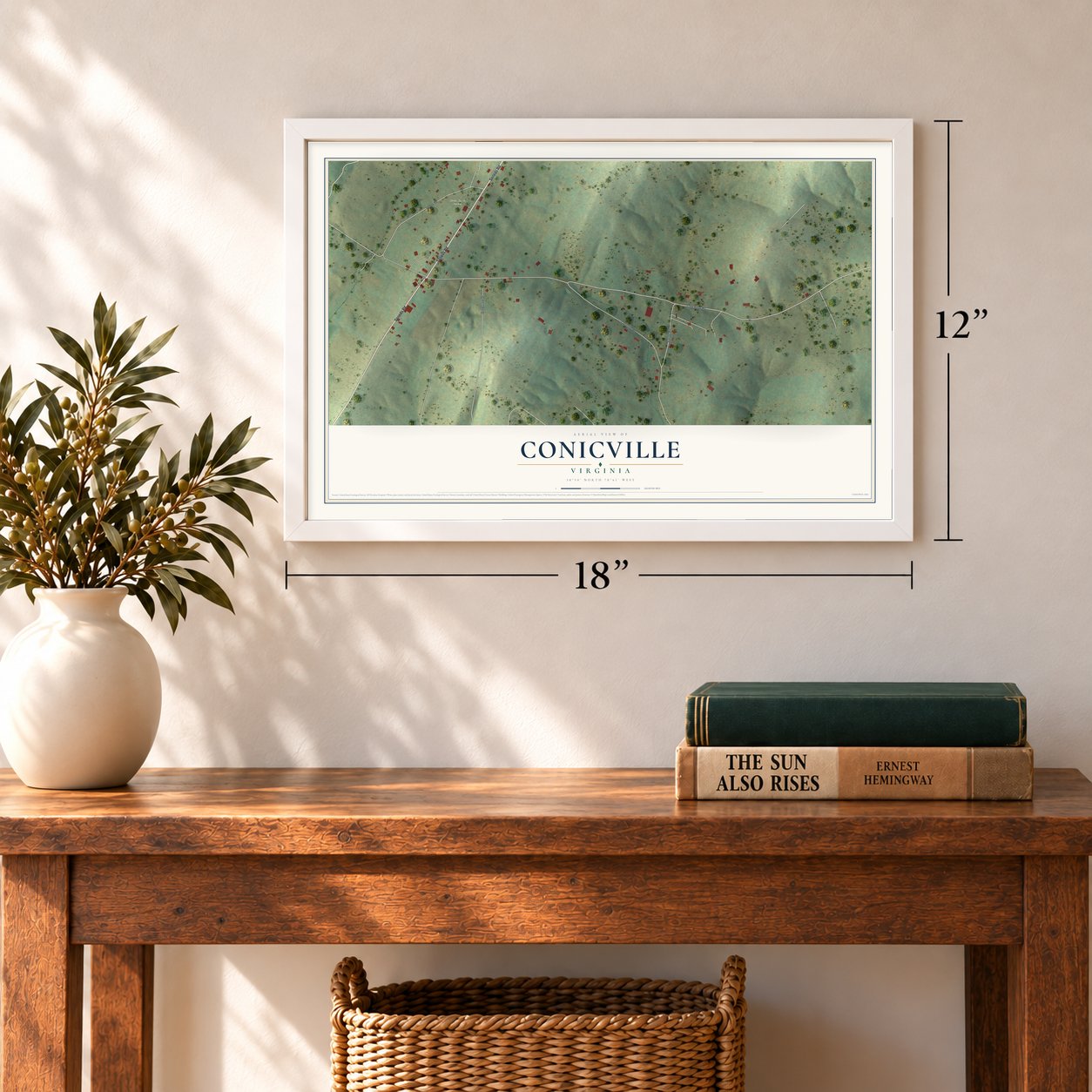 Conicville, Virginia map, 12 x 18 inch print in a white frame in an entryway
