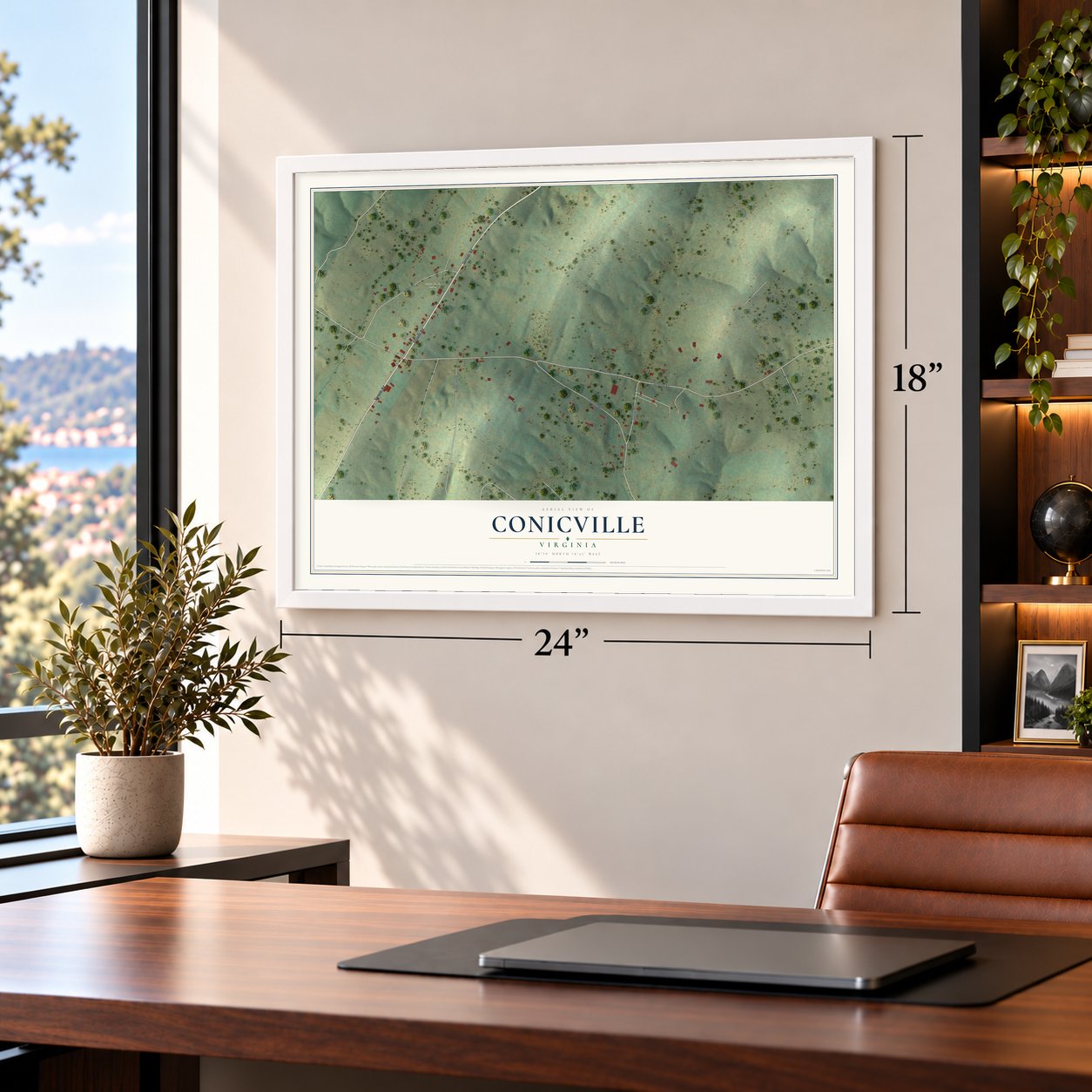 Conicville, Virginia map, 18 x 24 inch print in a white frame in a home office