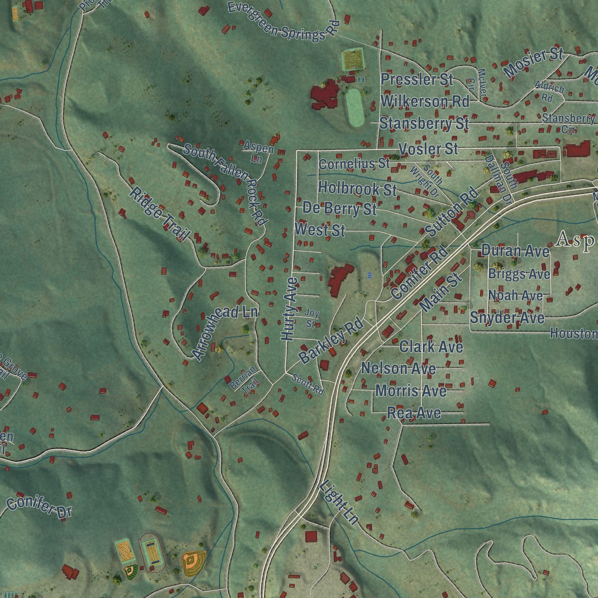 Second close-up of the map of Conifer, Colorado print showing more streets and buildings