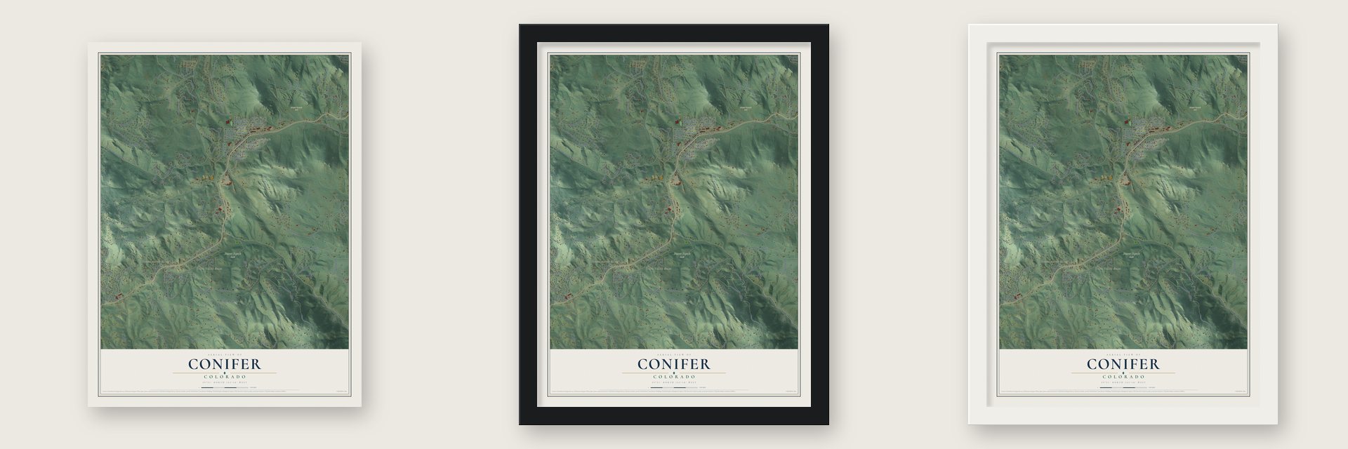 Conifer, Colorado map unframed, in a black wood frame and in a white wood frame