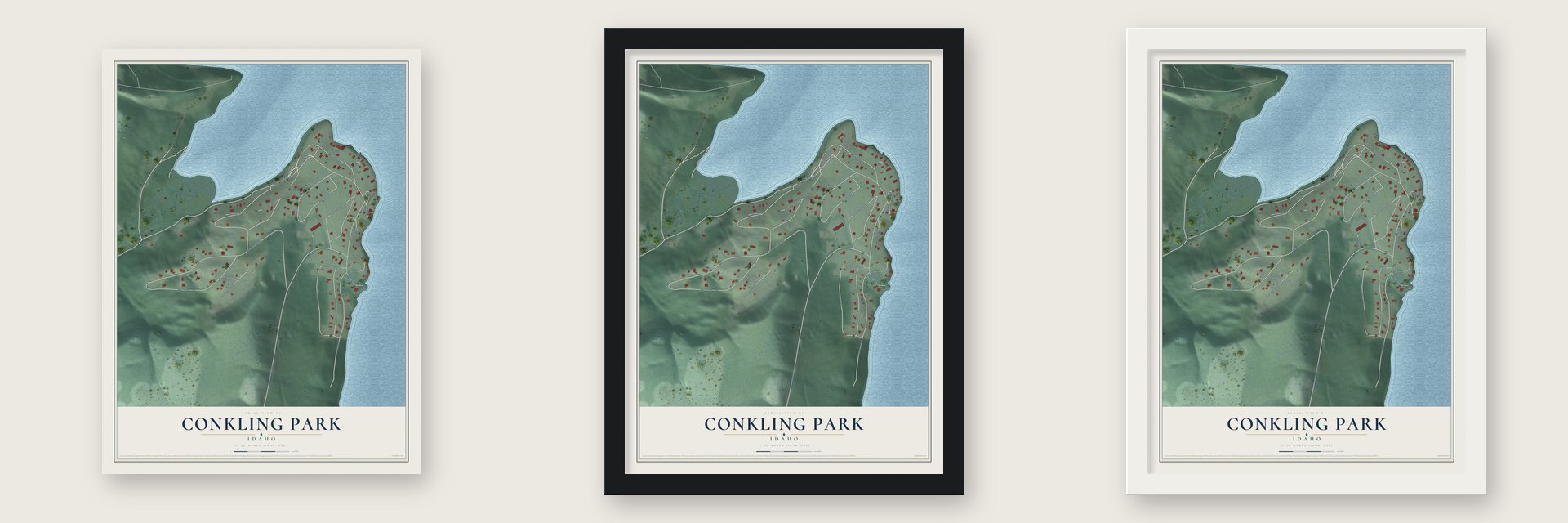 Conkling Park, Idaho map unframed, in a black wood frame and in a white wood frame