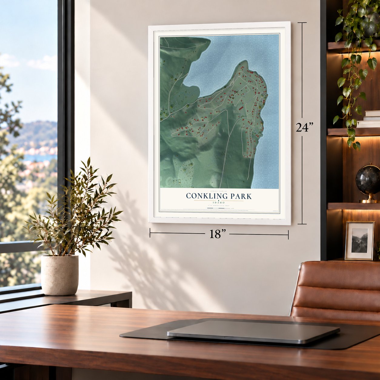 Conkling Park, Idaho map, 18 x 24 inch print in a white frame in a home office