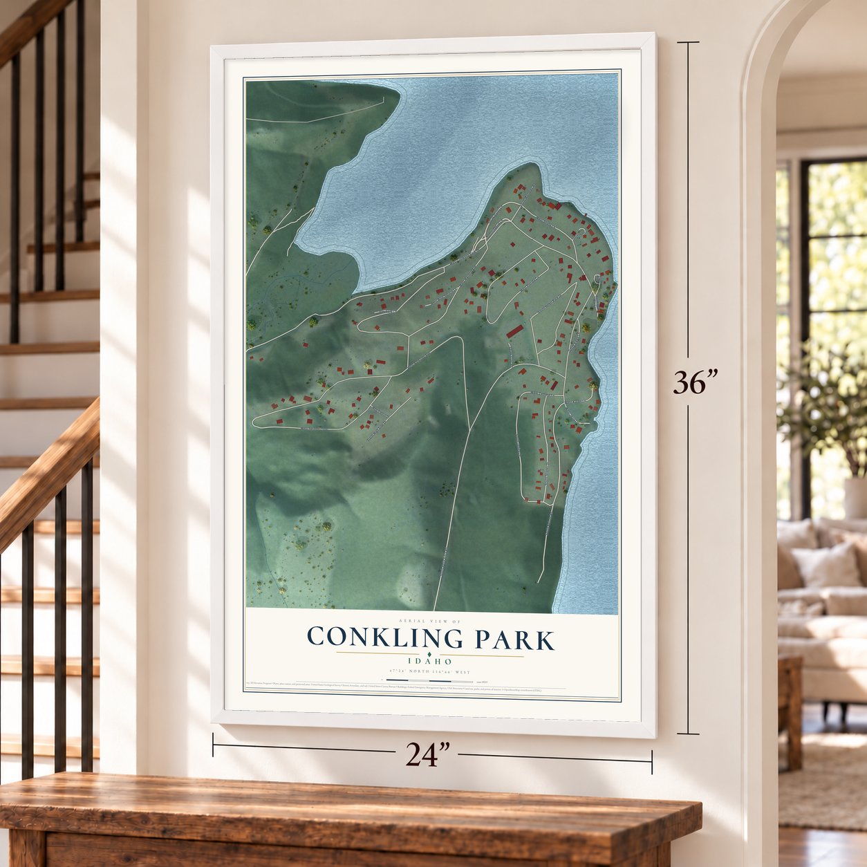 Conkling Park, Idaho map, 24 x 36 inch print in a white frame by a staircase