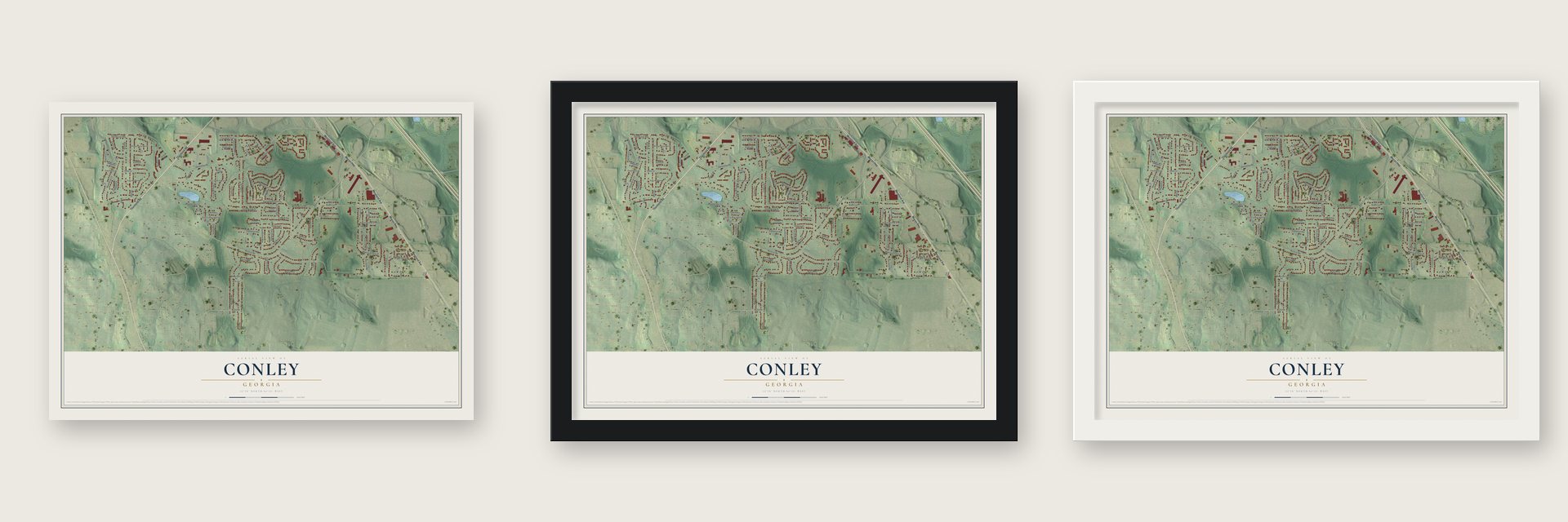 Conley, Georgia map unframed, in a black wood frame and in a white wood frame