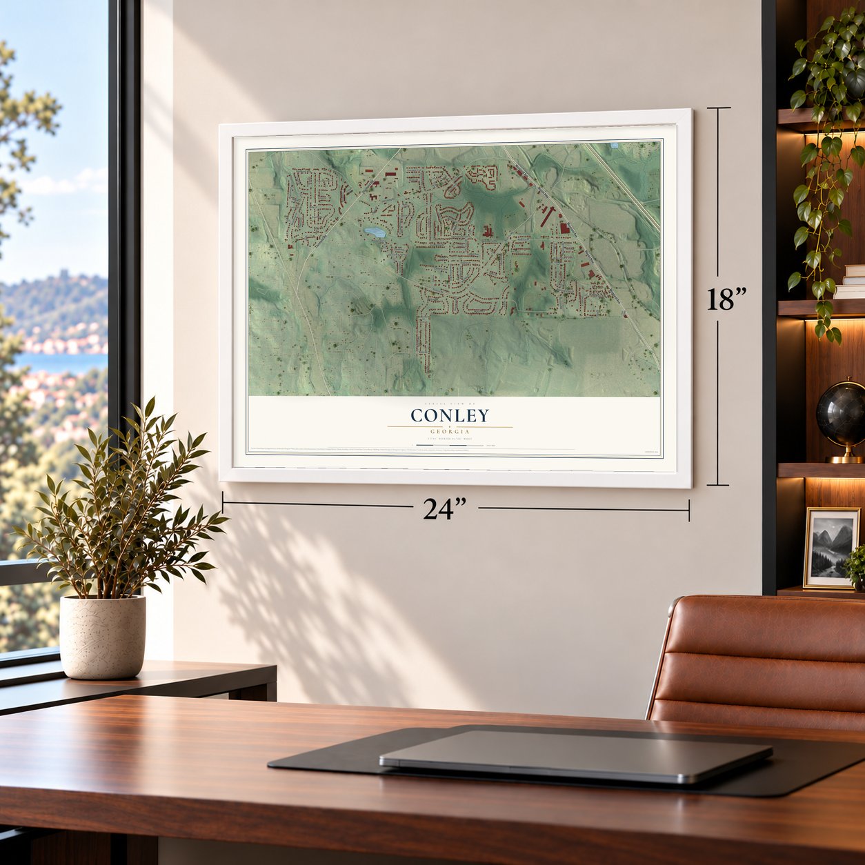 Conley, Georgia map, 18 x 24 inch print in a white frame in a home office