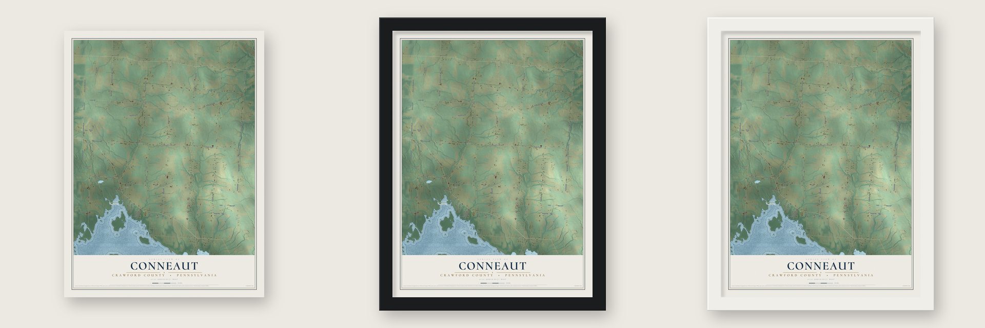 Conneaut, Crawford County, Pennsylvania map unframed, in a black wood frame and in a white wood frame