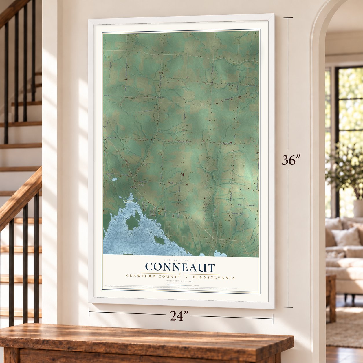 Conneaut, Crawford County, Pennsylvania map, 24 x 36 inch print in a white frame by a staircase