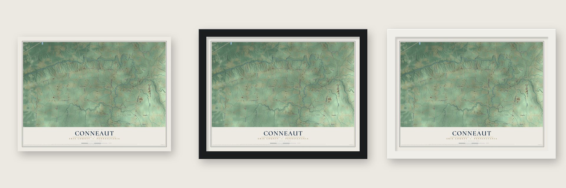 Conneaut, Erie County, Pennsylvania map unframed, in a black wood frame and in a white wood frame