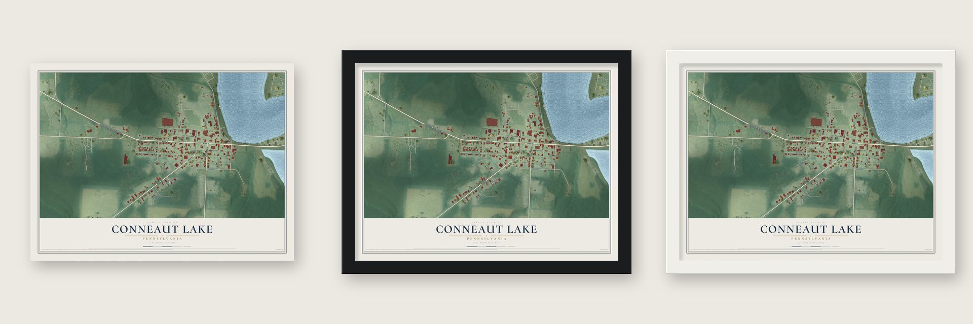 Conneaut Lake, Pennsylvania map unframed, in a black wood frame and in a white wood frame