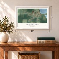 Conneaut Lake, Pennsylvania map, 12 x 18 inch print in a white frame in an entryway
