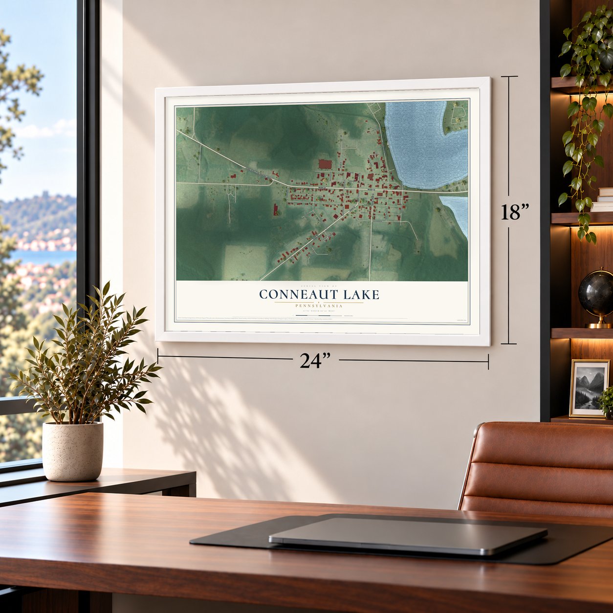 Conneaut Lake, Pennsylvania map, 18 x 24 inch print in a white frame in a home office