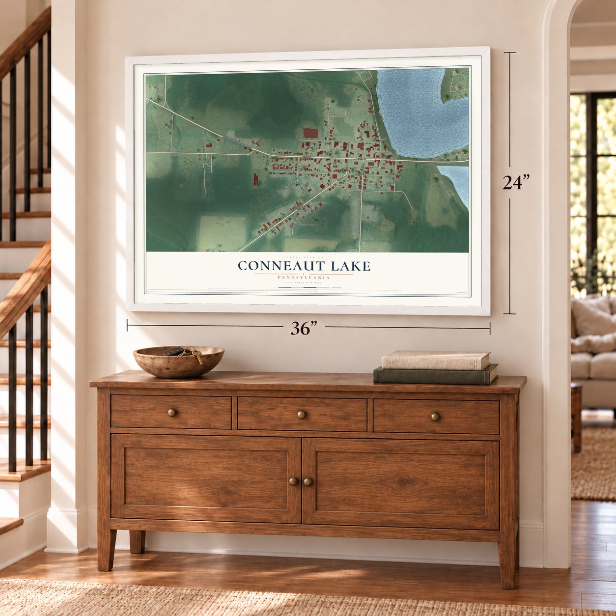 Conneaut Lake, Pennsylvania map, 24 x 36 inch print in a white frame above a dresser by a staircase
