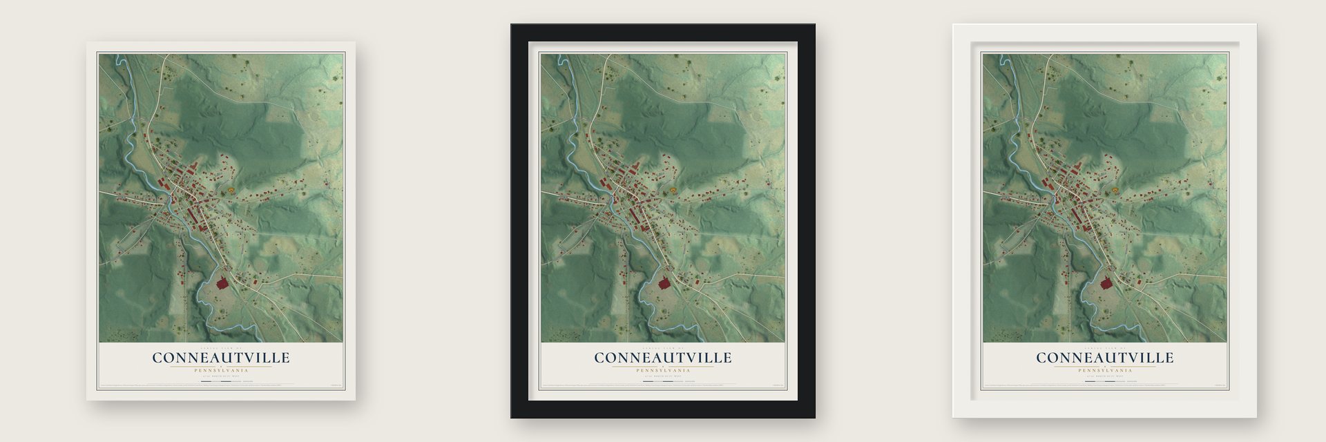 Conneautville, Pennsylvania map unframed, in a black wood frame and in a white wood frame