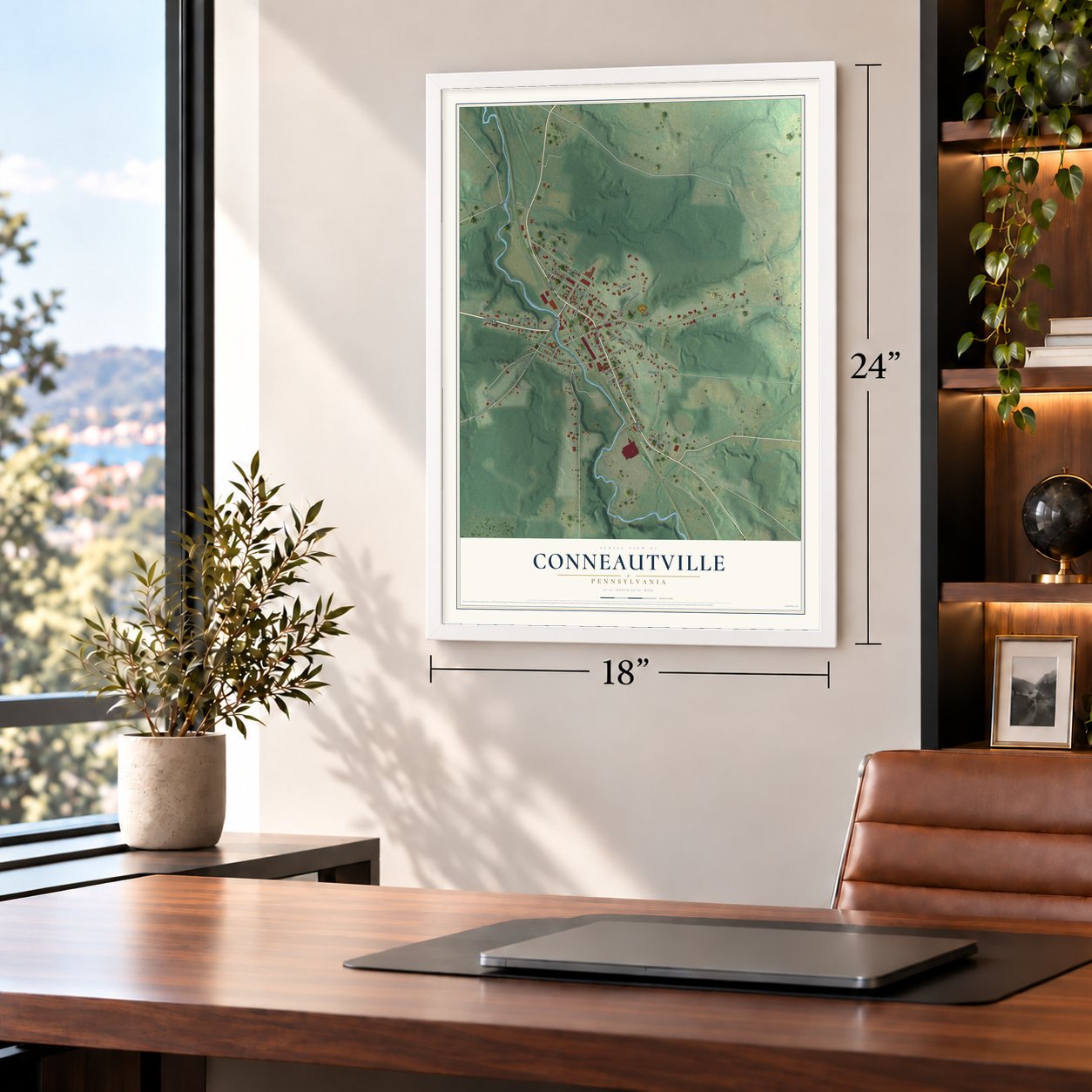 Conneautville, Pennsylvania map, 18 x 24 inch print in a white frame in a home office