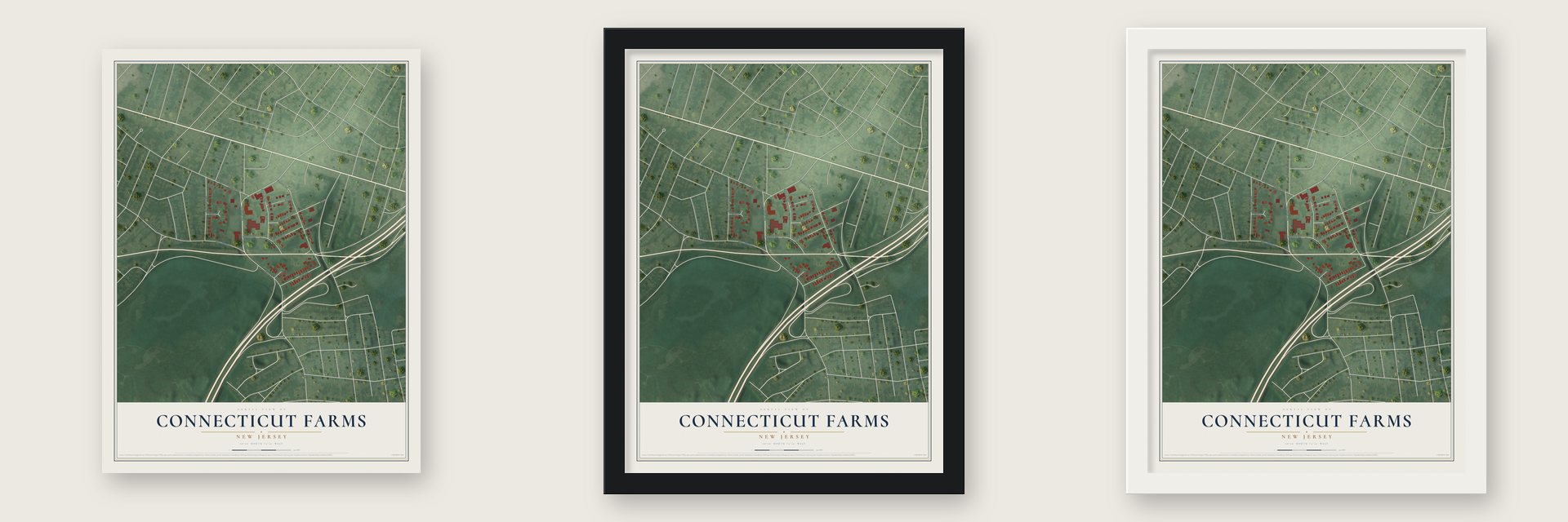 Connecticut Farms, New Jersey map unframed, in a black wood frame and in a white wood frame