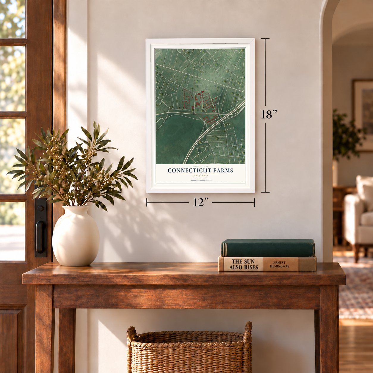 Connecticut Farms, New Jersey map, 12 x 18 inch print in a white frame in an entryway