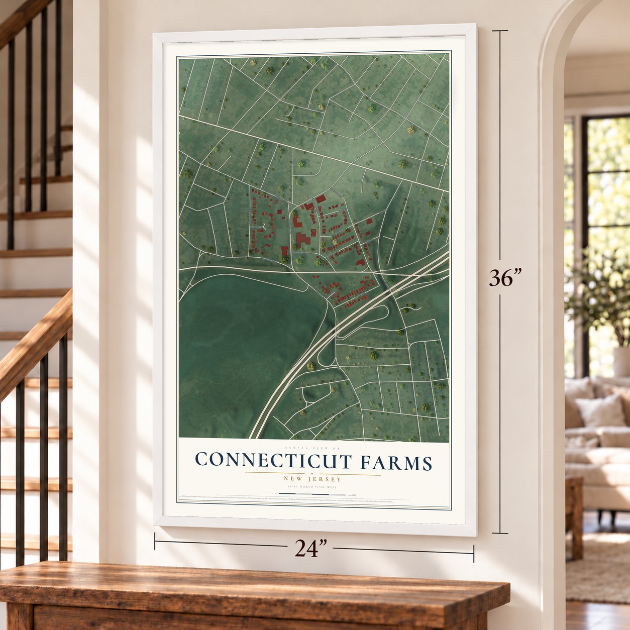 Connecticut Farms, New Jersey map, 24 x 36 inch print in a white frame by a staircase