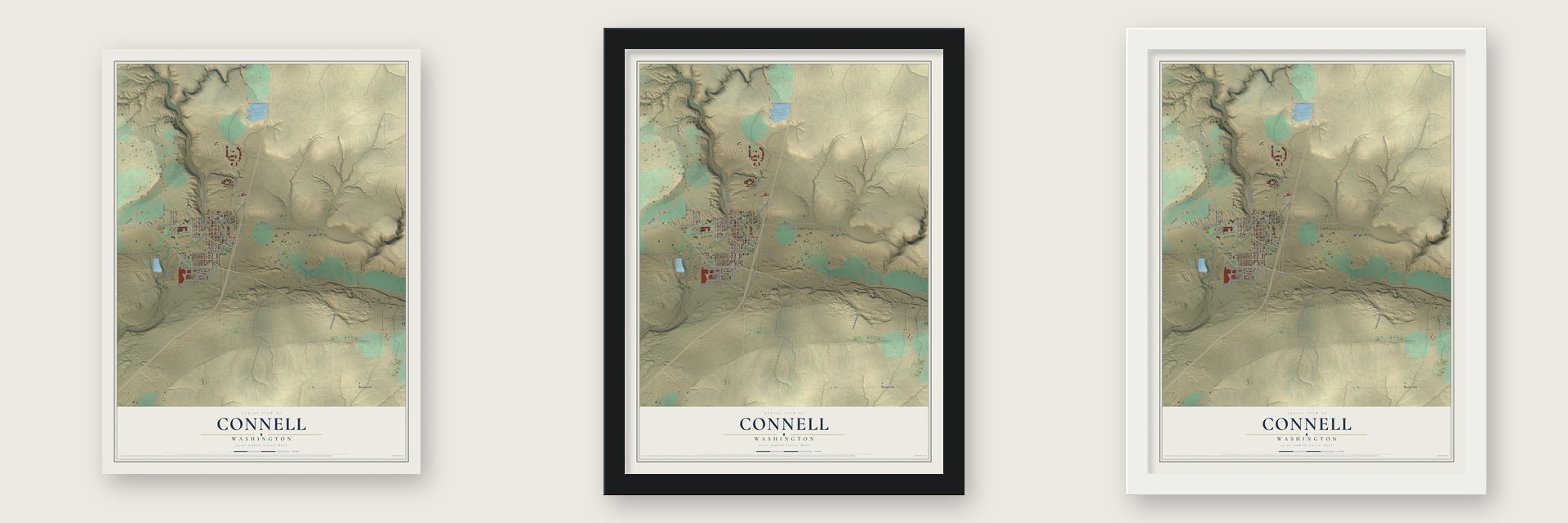 Connell, Washington map unframed, in a black wood frame and in a white wood frame