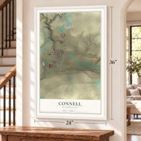Connell, Washington map, 24 x 36 inch print in a white frame by a staircase