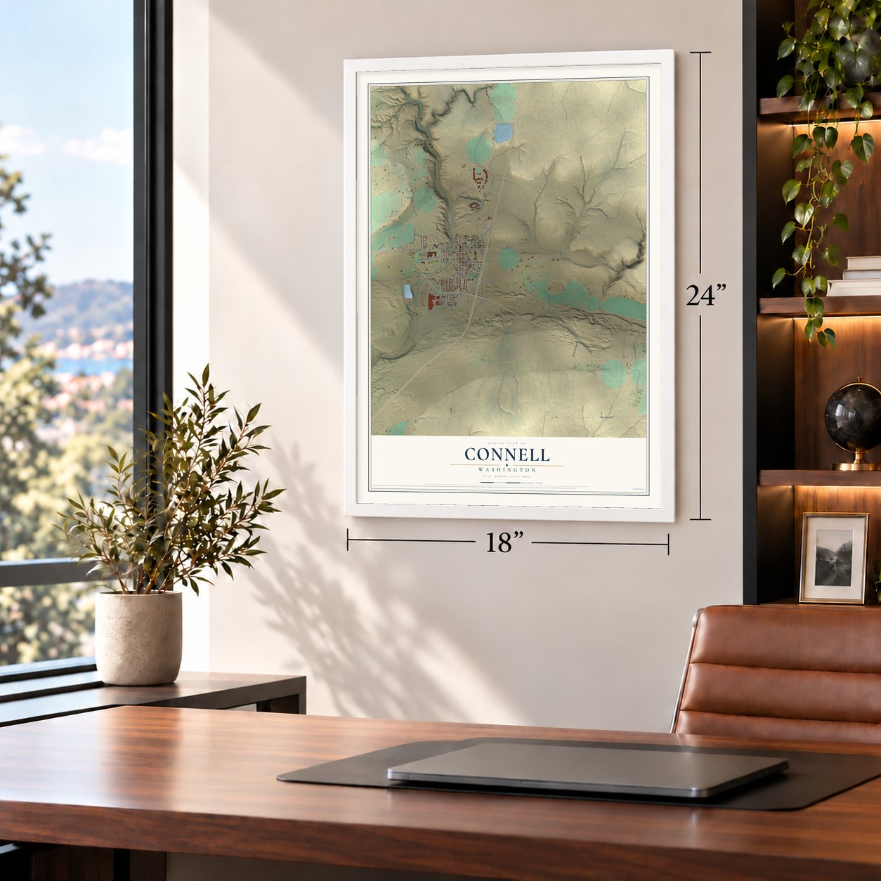 Connell, Washington map, 18 x 24 inch print in a white frame in a home office