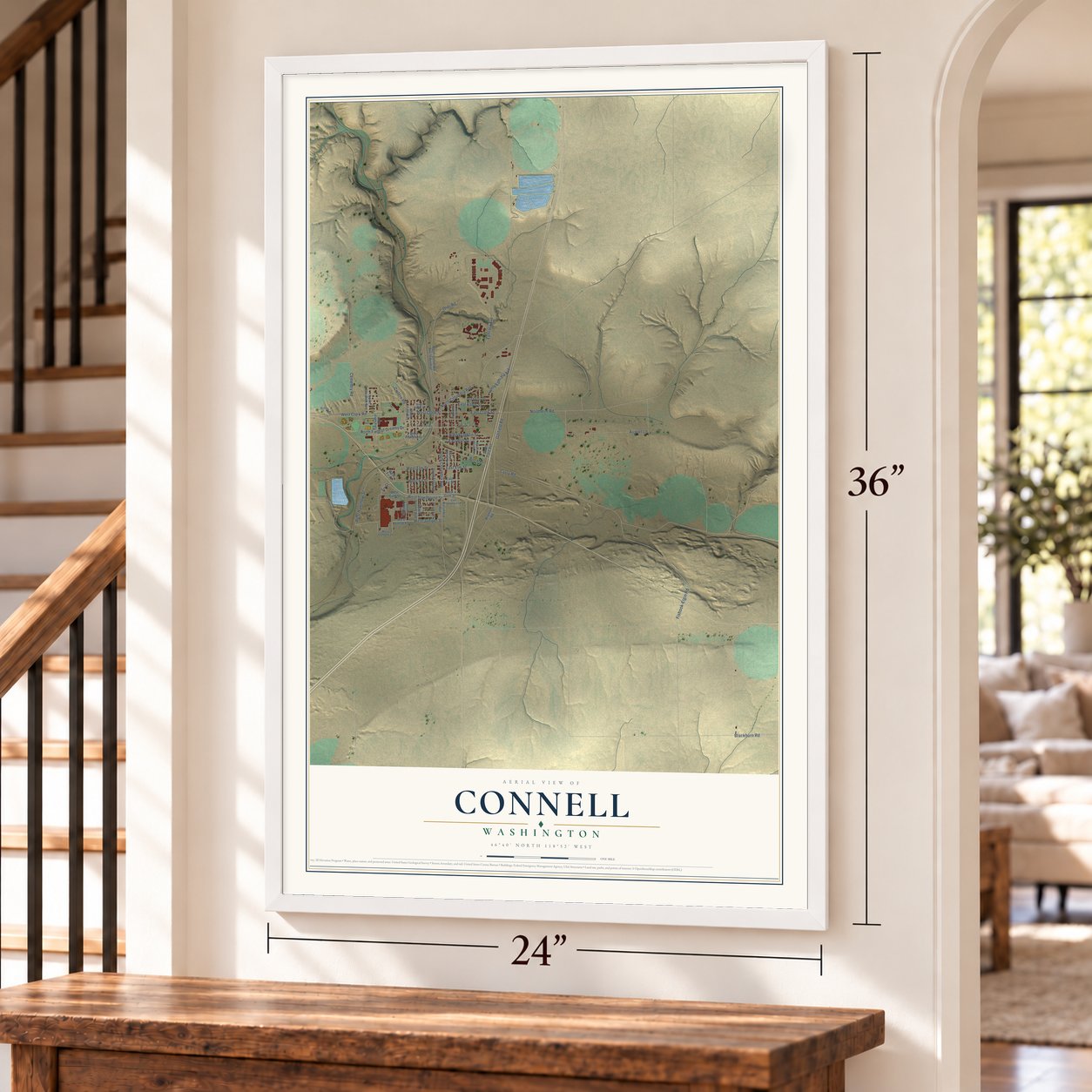 Connell, Washington map, 24 x 36 inch print in a white frame by a staircase