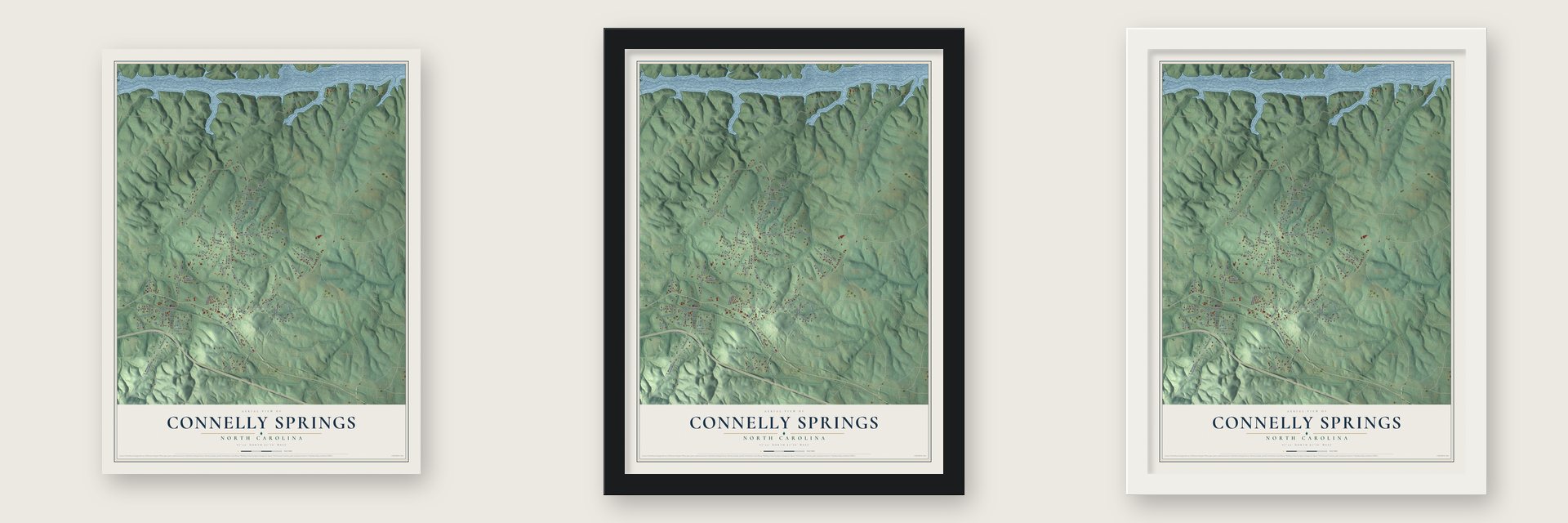 Connelly Springs, North Carolina map unframed, in a black wood frame and in a white wood frame