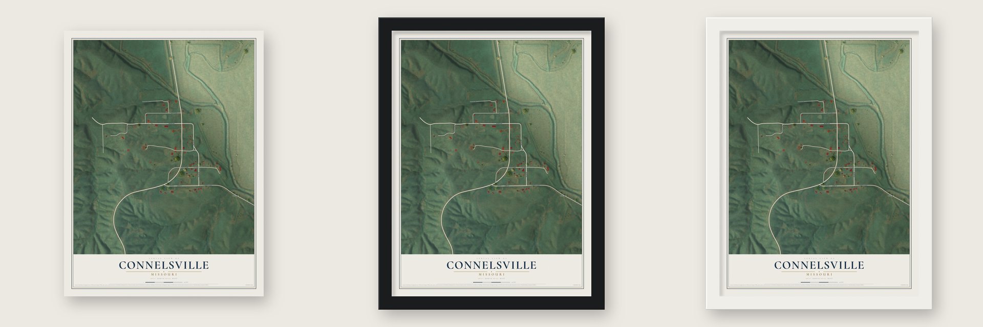 Connelsville, Missouri map unframed, in a black wood frame and in a white wood frame