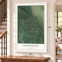 Connelsville, Missouri map, 24 x 36 inch print in a white frame by a staircase