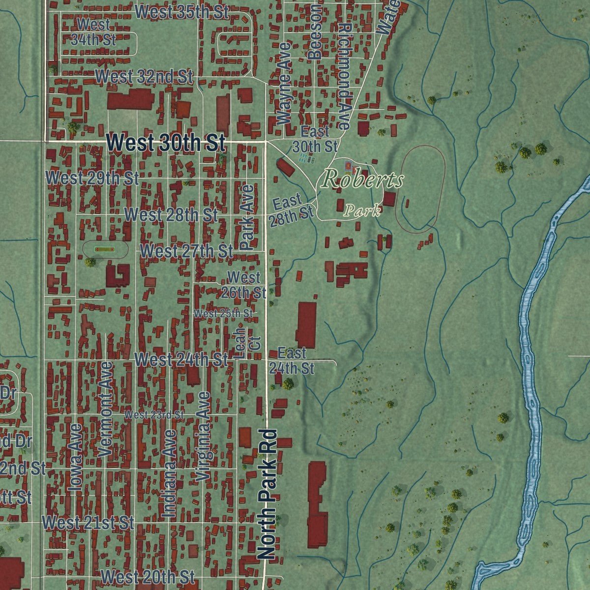 Second close-up of the map of Connersville, Indiana print showing more streets and buildings
