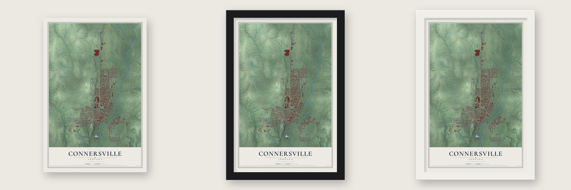 Connersville, Indiana map unframed, in a black wood frame and in a white wood frame