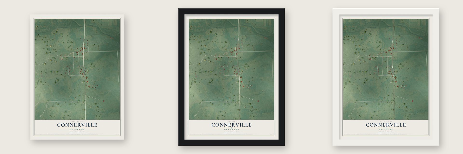 Connerville, Oklahoma map unframed, in a black wood frame and in a white wood frame