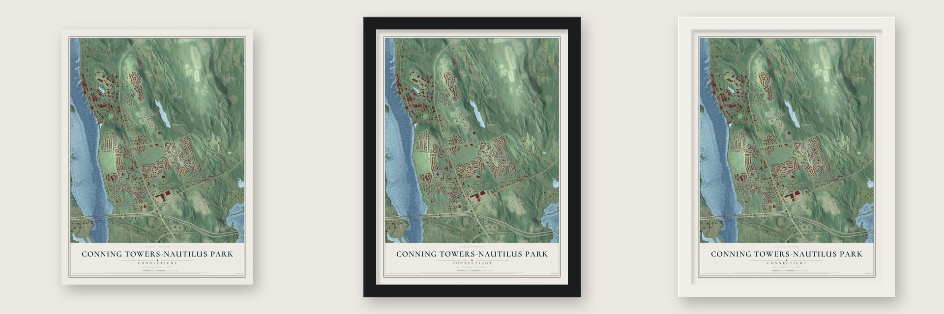 Conning Towers-Nautilus Park, Connecticut map unframed, in a black wood frame and in a white wood frame