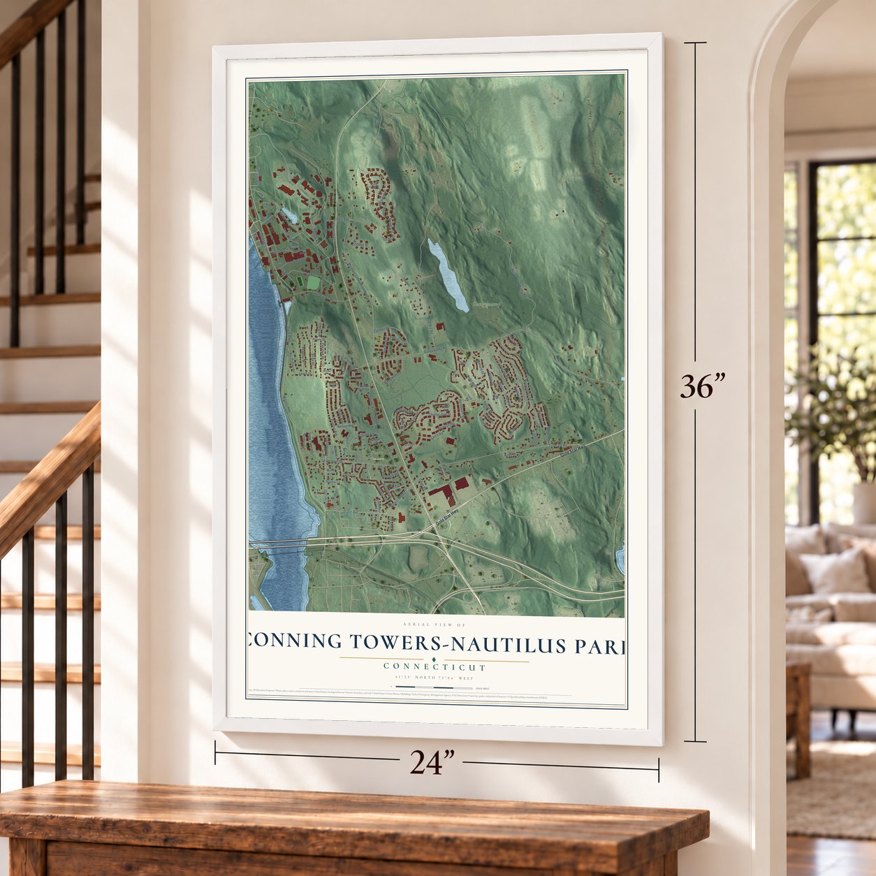 Conning Towers-Nautilus Park, Connecticut map, 24 x 36 inch print in a white frame by a staircase